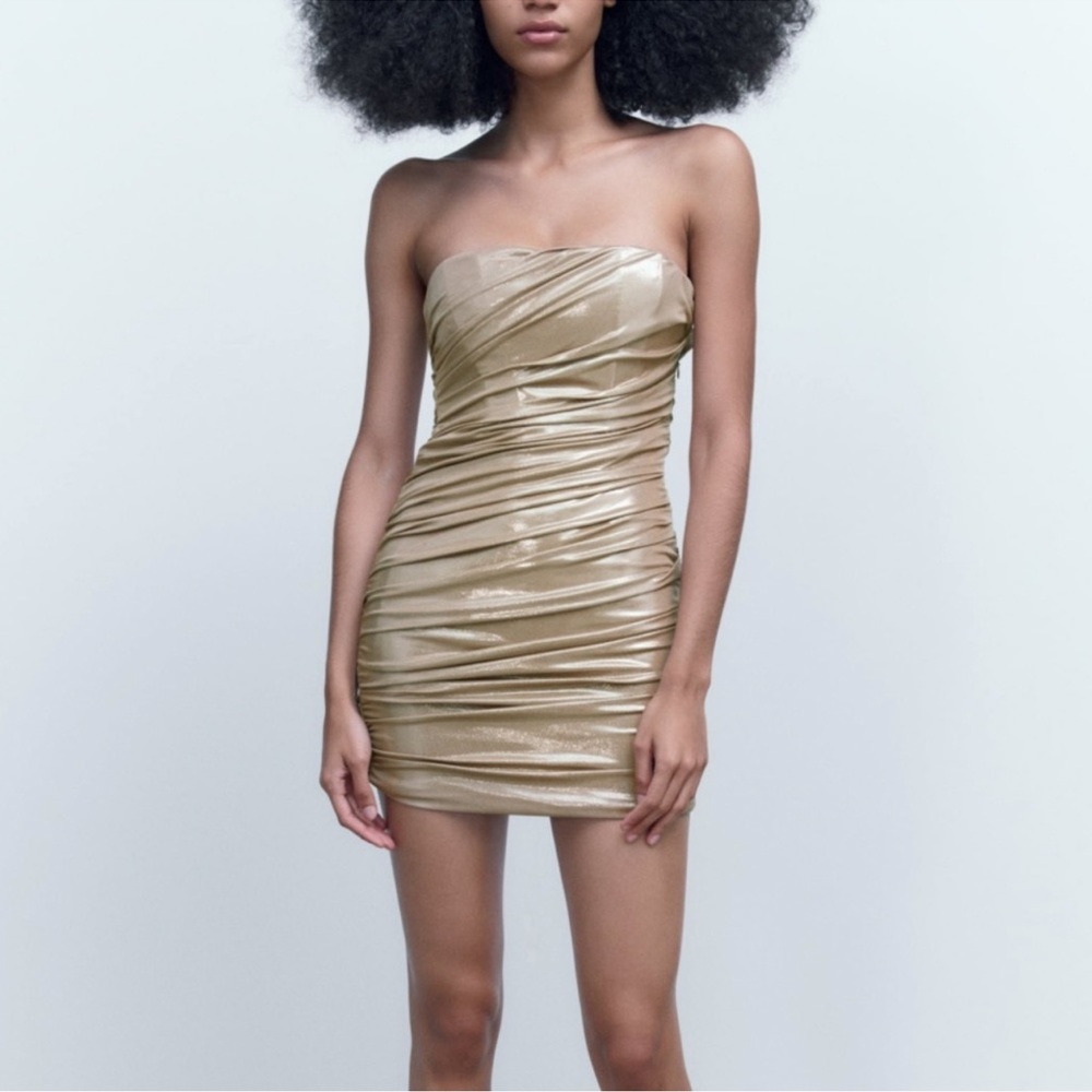 NWT- Zara Gold Ruched Strapless Dress-Size Medium
